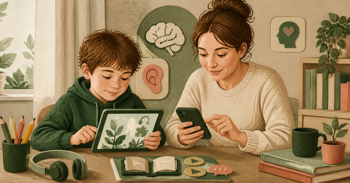 Ordblinde børn og voksne bruger tilgængelige apps og læringsspil