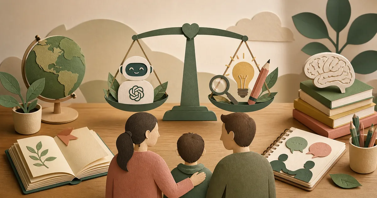 Illustration om: Børn og AI i skolen: Guide til forældre om ChatGPT og lektiehjælp 2026