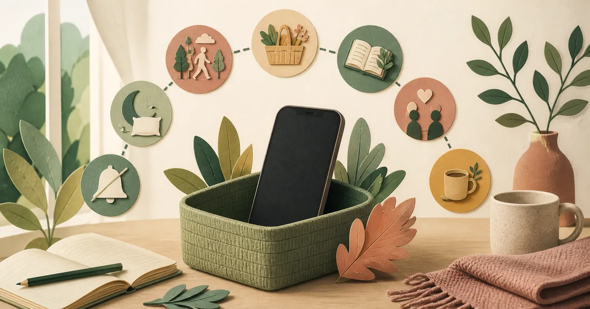 Illustration om: Digital detox: 7 realistiske strategier til mindre skærmtid (2026)