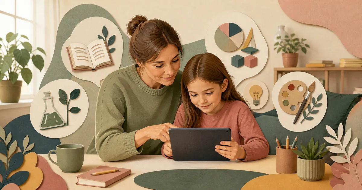 Forælder og barn udforsker læringsapps sammen på en tablet