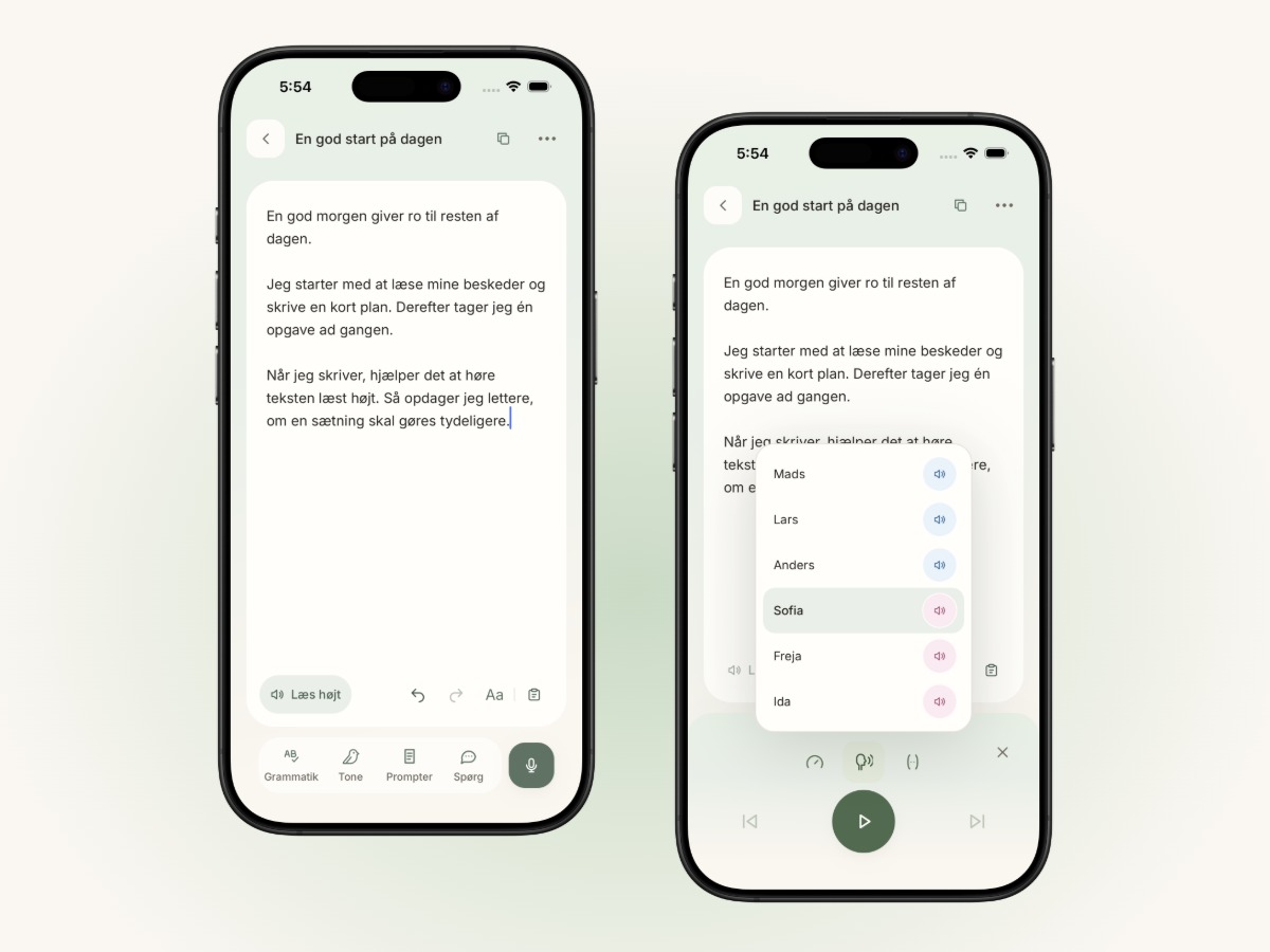 SkrivSikkert på to iPhones: skrivning og oplæsning